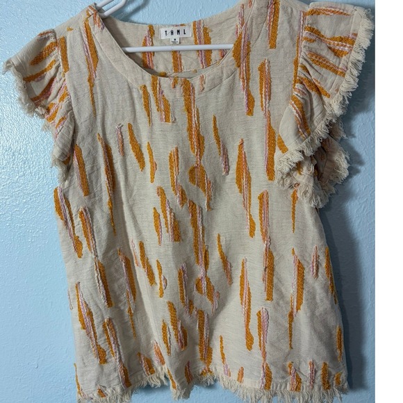 THML Tops - THML Womens Flutter Sleeve Embroidered Top Cream Orange Pink M Boho Artisan